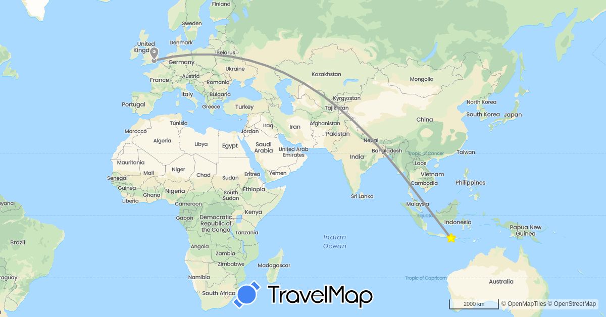 TravelMap itinerary: driving, plane, hiking, boat, hitchhiking in United Kingdom, Indonesia (Asia, Europe)